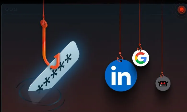 Phishing attack illustration with password and social media logos on hooks.