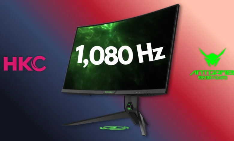 Curved gaming monitor displaying 1,080 Hz refresh rate with HKC and Antgamer logos.