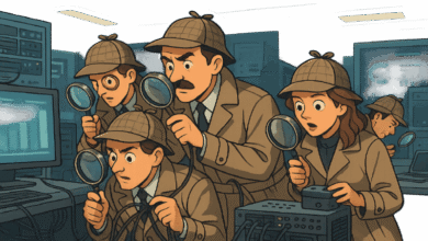 Five cartoon detectives with magnifying glasses examine computer equipment.