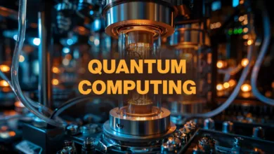 Close-up of a quantum computer with 'Quantum Computing' text overlay.