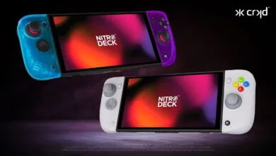Two Nitro Deck handheld gaming consoles in blue/purple and white, screens displaying logo.