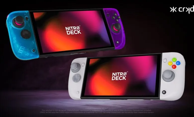 Two Nitro Deck handheld gaming consoles in blue/purple and white, screens displaying logo.