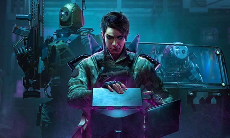 Rainbow Six Siege operator Skopos with tactical gear and robotic companions.