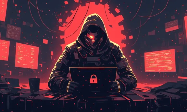 Hacker in hoodie with glowing eyes uses laptop with padlock icon.