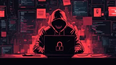Person in hoodie using laptop with lock icon, surrounded by code.