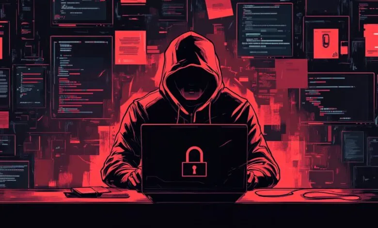 Person in hoodie using laptop with lock icon, surrounded by code.