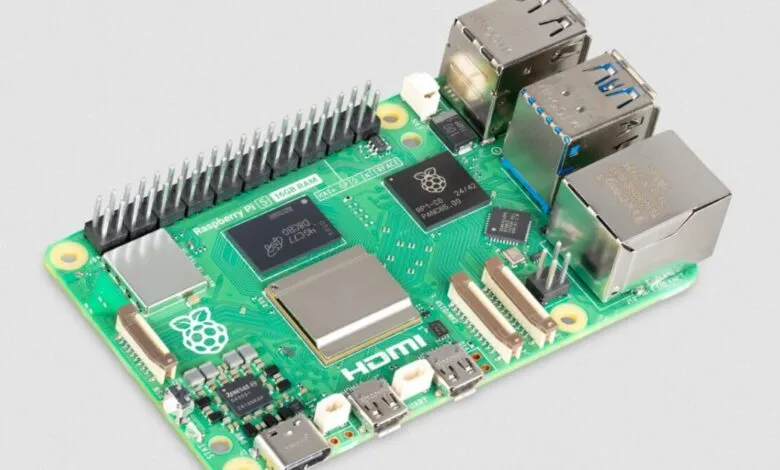 Close-up of a Raspberry Pi 5 16GB RAM single-board computer.