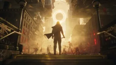 Silhouette of a figure standing before a glowing portal in a city.