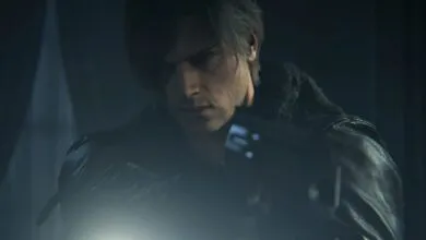 Leon S. Kennedy from Resident Evil looks intently into the darkness.