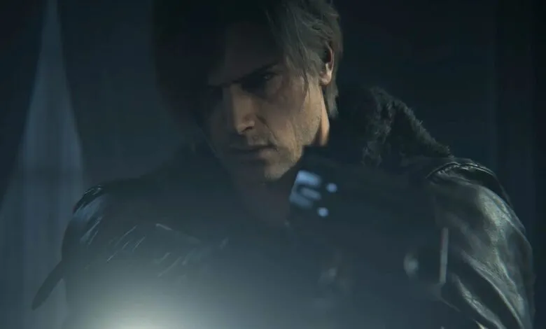 Leon S. Kennedy from Resident Evil looks intently into the darkness.