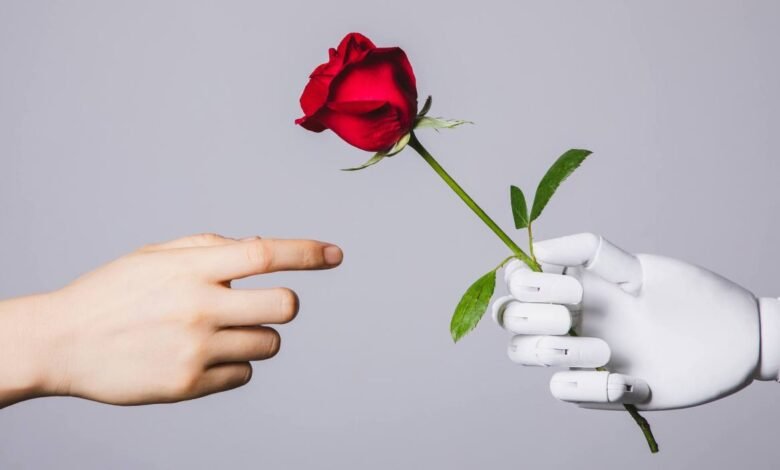Human hand reaches for red rose held by a white robotic hand.