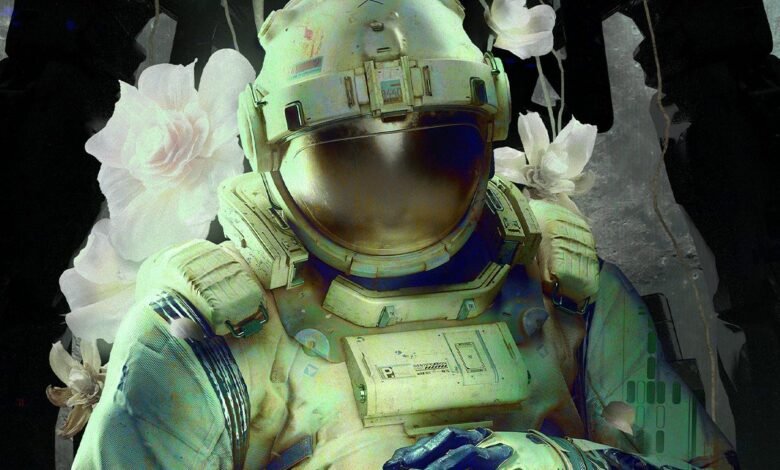 Astronaut in weathered suit surrounded by white flowers, dark background.