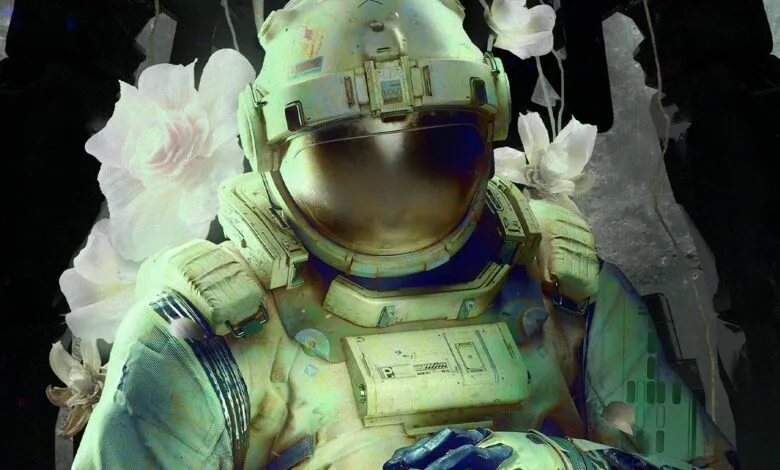 Astronaut in weathered suit surrounded by white flowers, dark background.