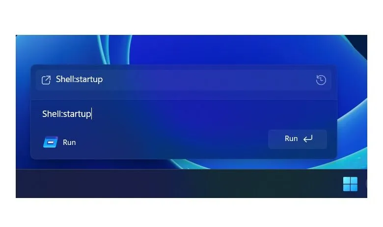 Windows Run dialog box showing 'Shell:startup' command.