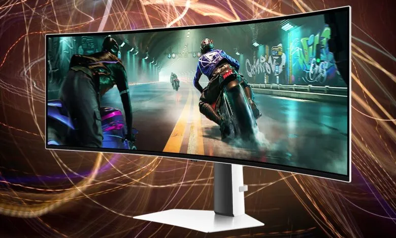 Ultrawide curved monitor displaying motorcycle racing game with motion blur.