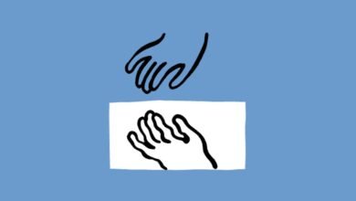 Two stylized hands, one reaching down to the other, on a blue background.