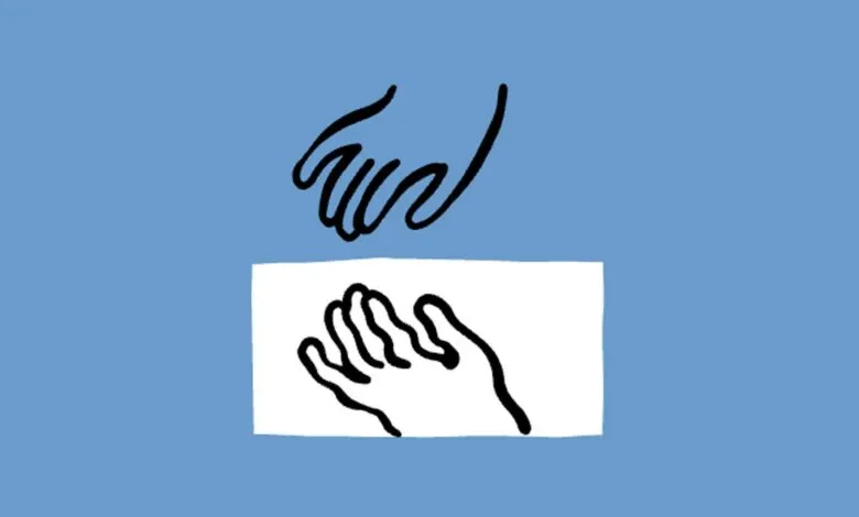 Two stylized hands, one reaching down to the other, on a blue background.