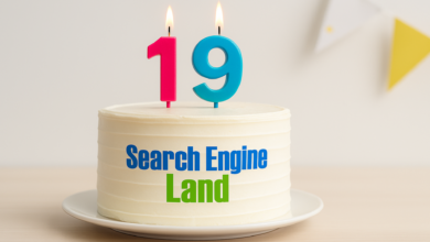Search Engine Land's 19th birthday cake with candles.