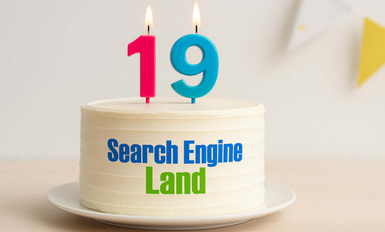 Search Engine Land's 19th birthday cake with candles.