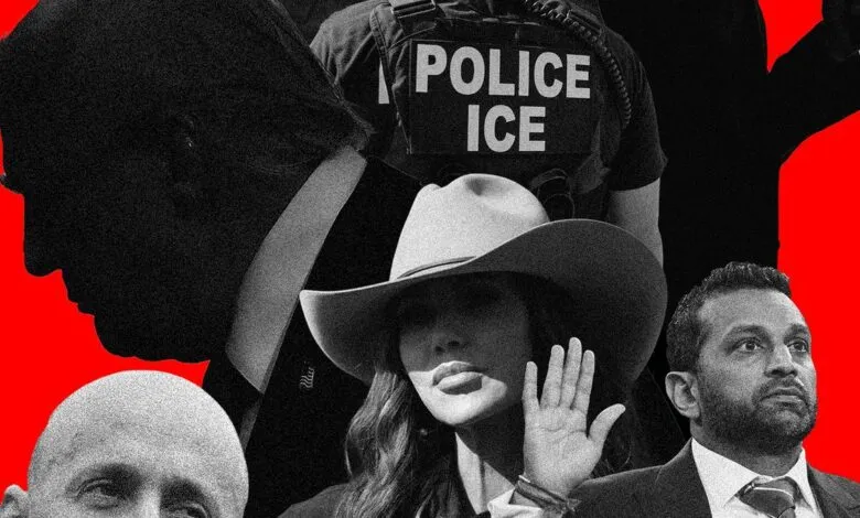 Collage of faces including Trump, ICE officer, and Vivek Ramaswamy.