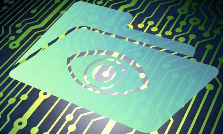 Folder icon with eye symbol on circuit board background.