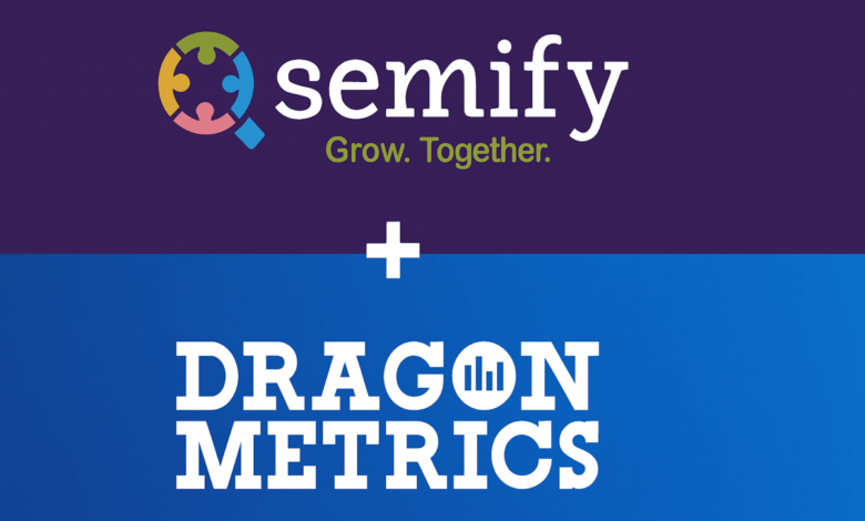 Semify and Dragon Metrics logo lockup on split purple and blue background.