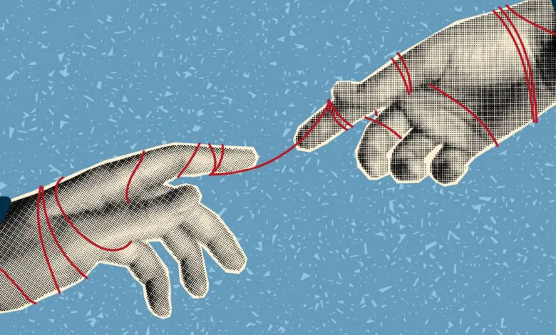 Two hands reaching, connected by red string, halftone style.