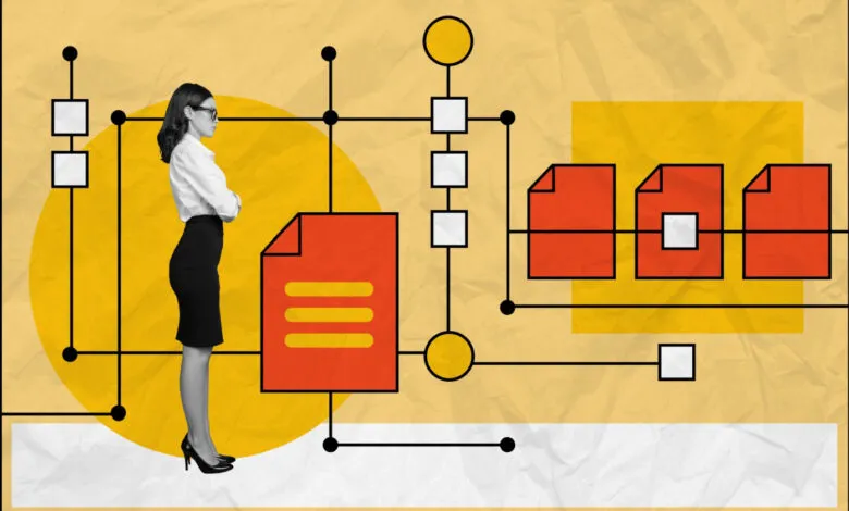 Woman in skirt suit stands beside flowchart of documents and processes.