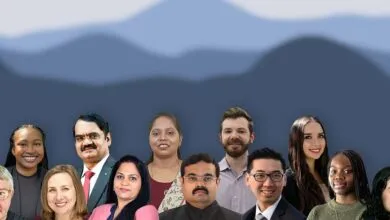 Collage of diverse professionals against a blurred mountain backdrop.