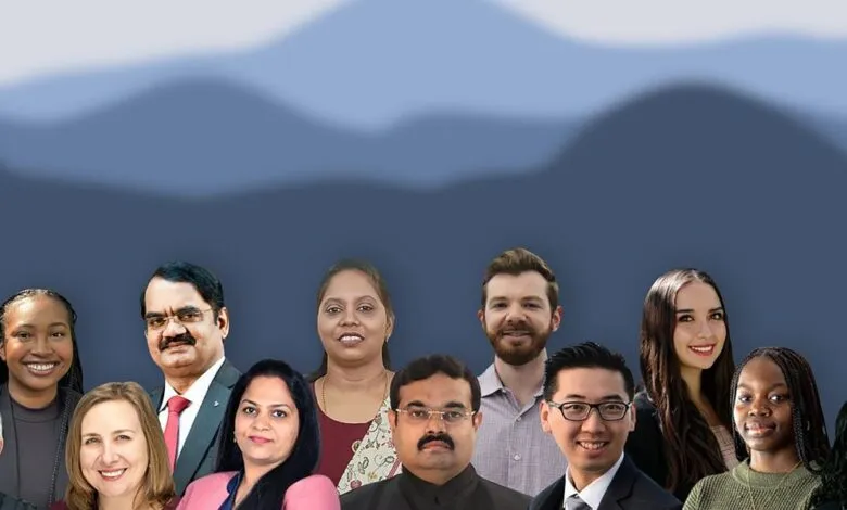 Collage of diverse professionals against a blurred mountain backdrop.
