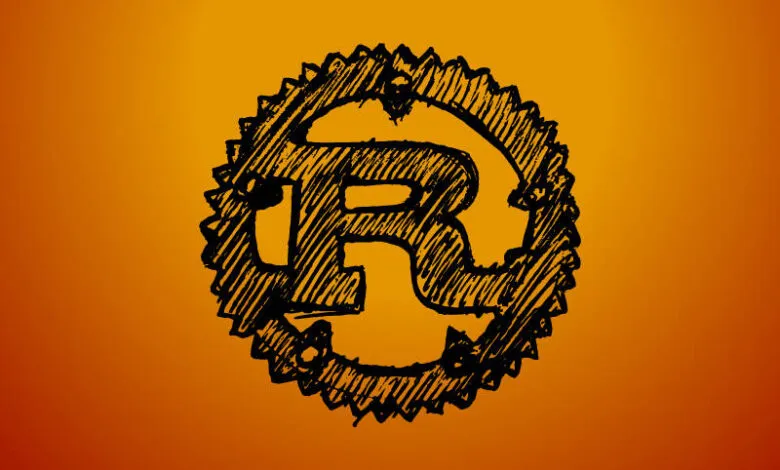 Rust programming language logo, gear-shaped with letter R, sketched style.