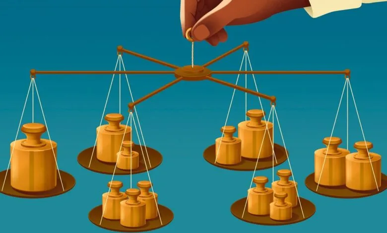 Illustration of hand balancing weights on a complex scale.