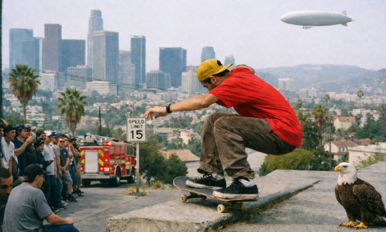 Skateboarder grinds ledge with downtown LA and an eagle in the background.
