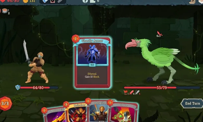 Slay the Spire gameplay: Ironclad character facing a green bird enemy.