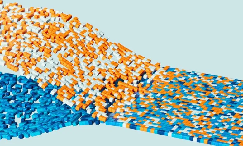 Abstract pixelated wave pattern in orange, white, and blue hues.