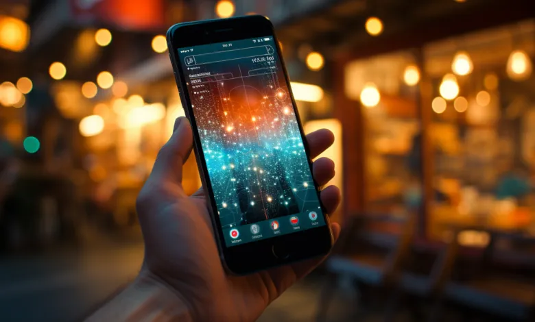 Hand holding smartphone displaying a network visualization with bokeh background.