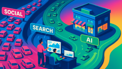 Cars travel roads labeled Social, Search, and AI towards a small business.
