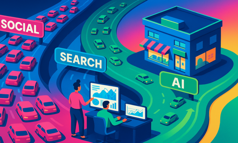 Cars travel roads labeled Social, Search, and AI towards a small business.