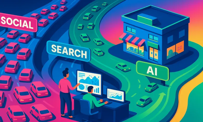 Cars travel roads labeled Social, Search, and AI towards a small business.