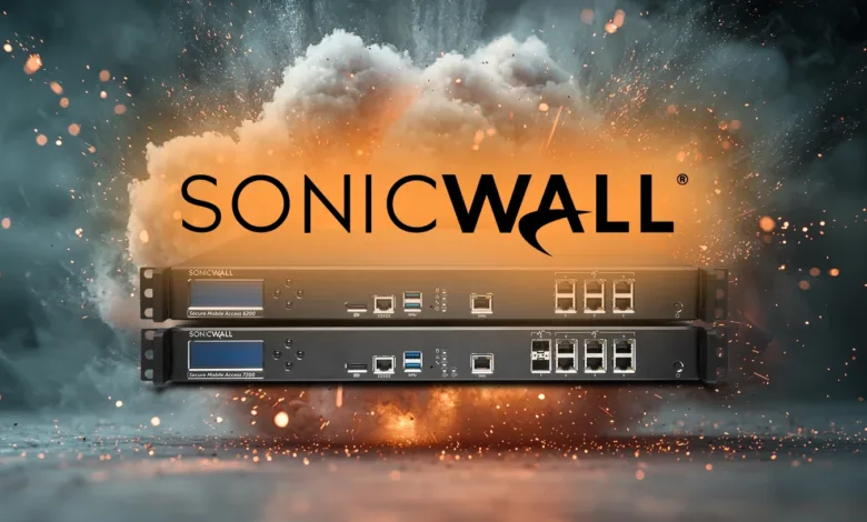 Two SonicWall Secure Mobile Access appliances with dramatic explosion background.