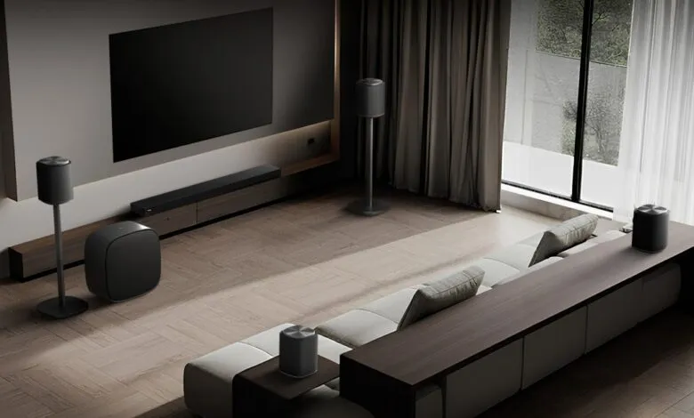 Modern living room with sleek sound system and large TV.