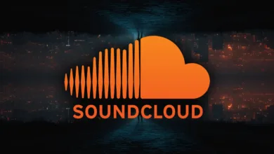 SoundCloud logo in orange over a dark cityscape background.