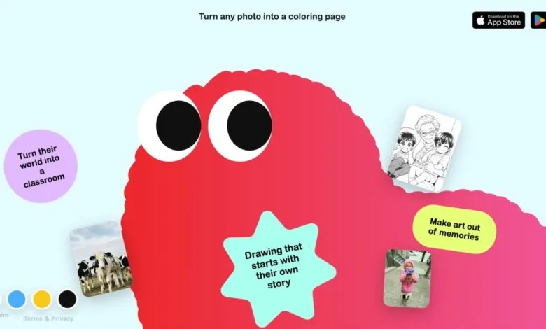 Splat app interface showing options to turn photos into coloring pages.