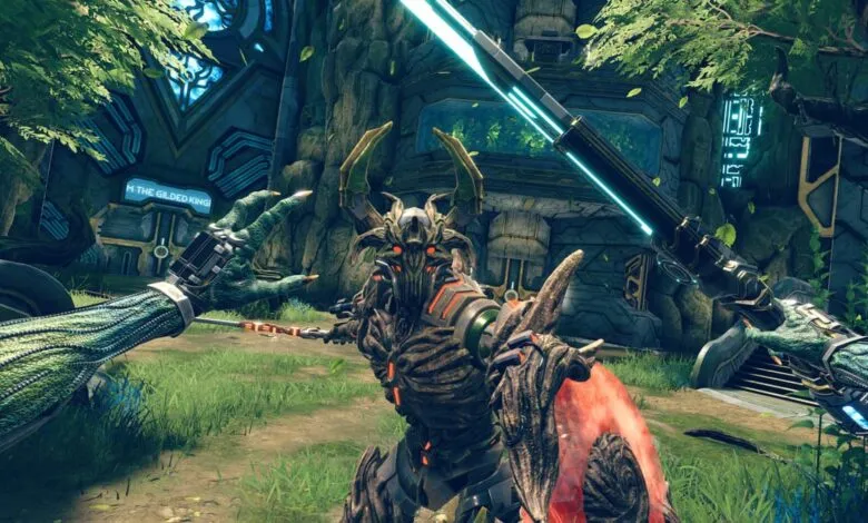 First-person view of a video game battle with a horned enemy.