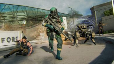 Futuristic soldiers in combat with robots and explosions in a city setting.