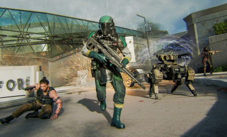 Futuristic soldiers in combat with robots and explosions in a city setting.