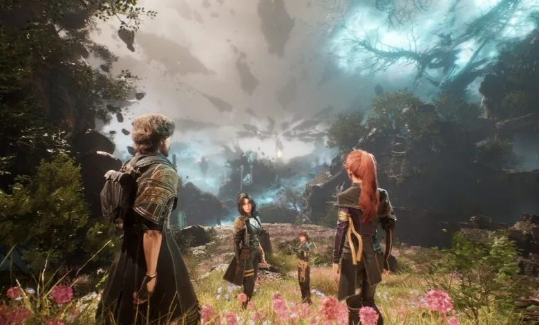 Four figures stand in a vibrant field, gazing at a surreal, floating landscape.