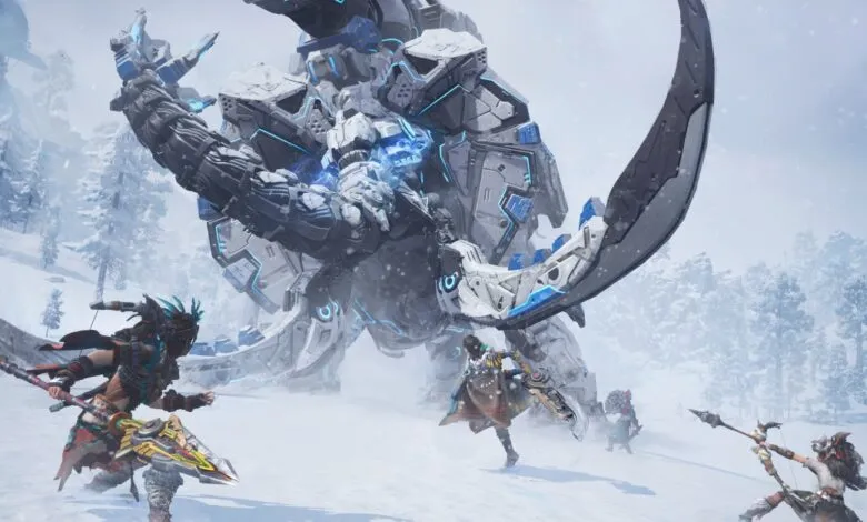 Characters battle a massive robotic creature in a snowy, mountainous landscape.