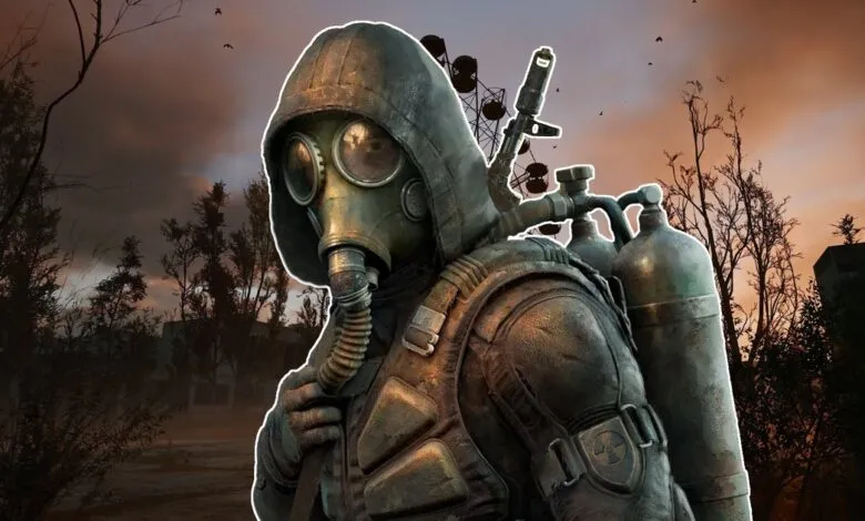 Character in hooded suit and gas mask with tanks in a desolate landscape.