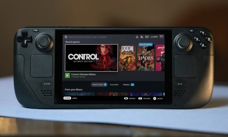 Close-up of a Steam Deck showing the game library interface.